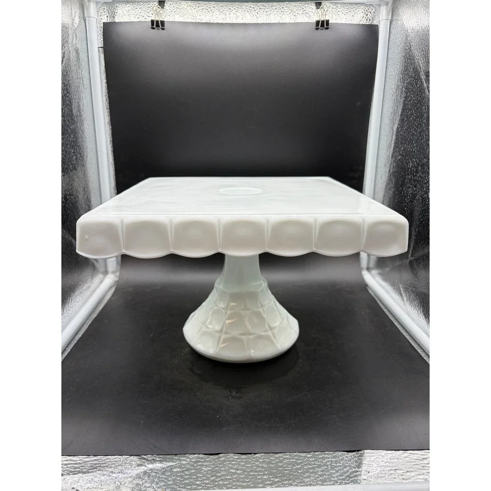 Vintage Milk Glass Square Cake Stand Scalloped Edge Pedestal Dessert Display 10